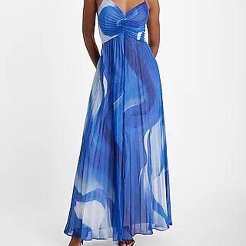 Express Printed V-Neck Pleated Cross Back Maxi Dress, NWT, Size XL